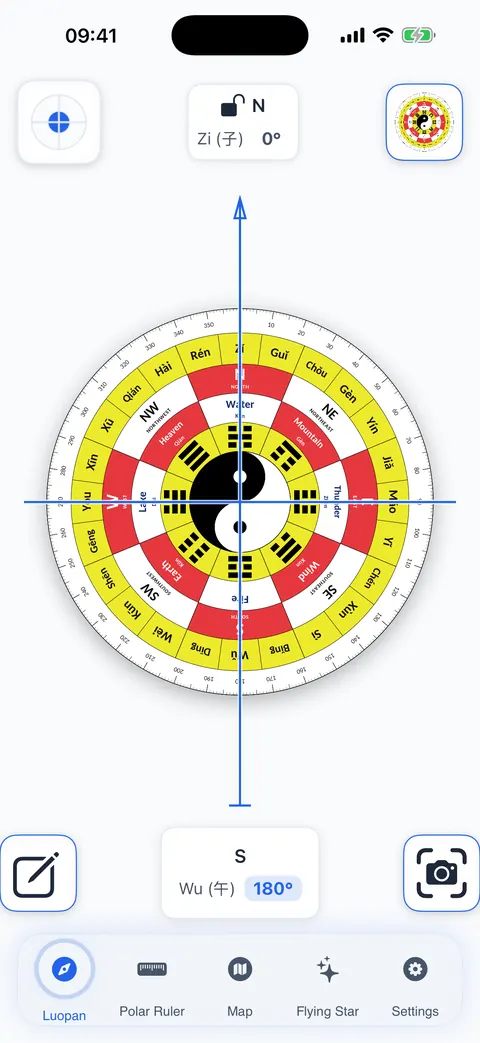 The Feng Shui Luopan screen showing the 24 Mountains ring in the Later Heaven Bagua layout, with facing N Zi 0° and sitting S Wu 180°.