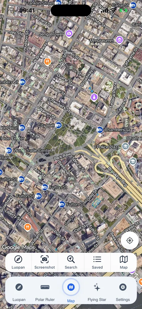 The Map Luopan screen with the 24 Mountains ring overlaid on a satellite map of a city district.