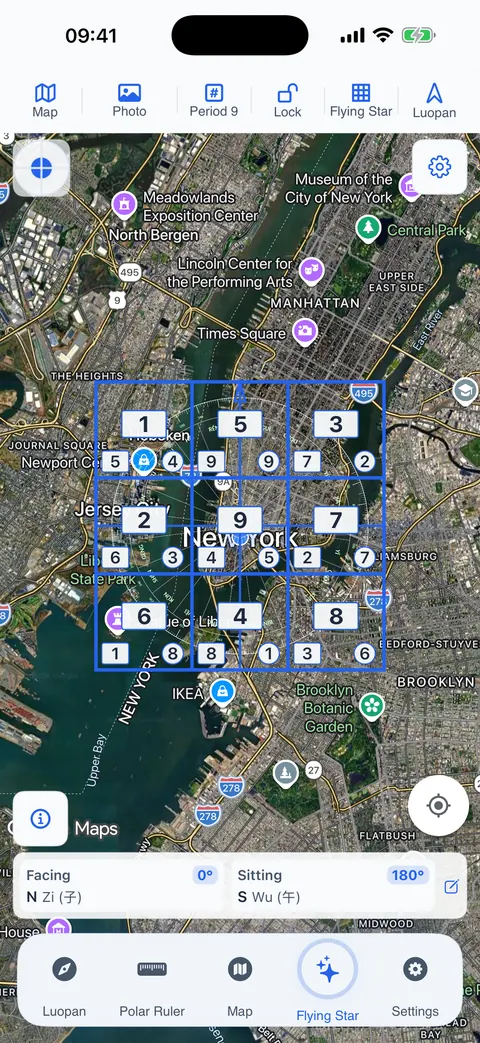 The Flying Star screen showing a 3x3 Xuan Kong chart overlaid on a satellite map, with facing and sitting shown below.