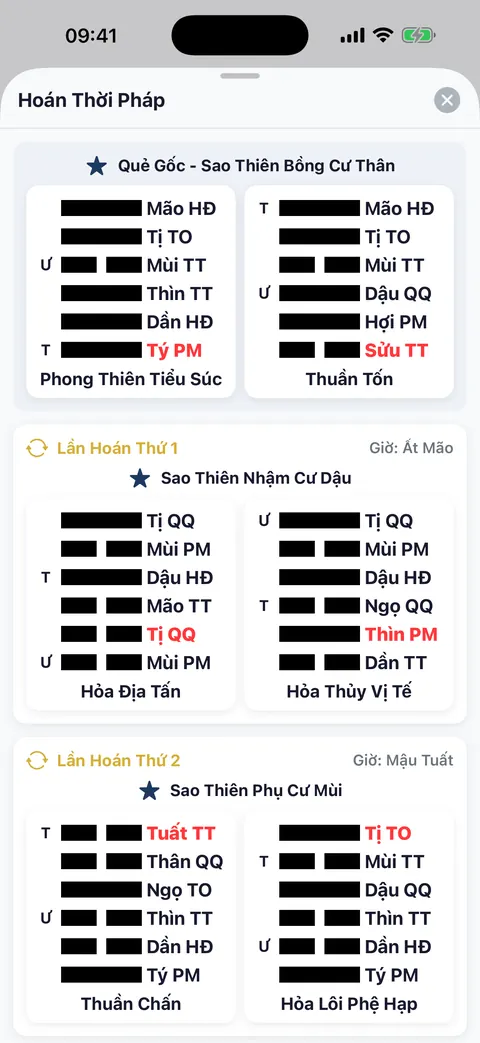 Màn hình Hoán Thời Pháp hiển thị quẻ gốc và các lần hoán thứ nhất, thứ hai với sao Thiên Nhậm, Thiên Phụ.