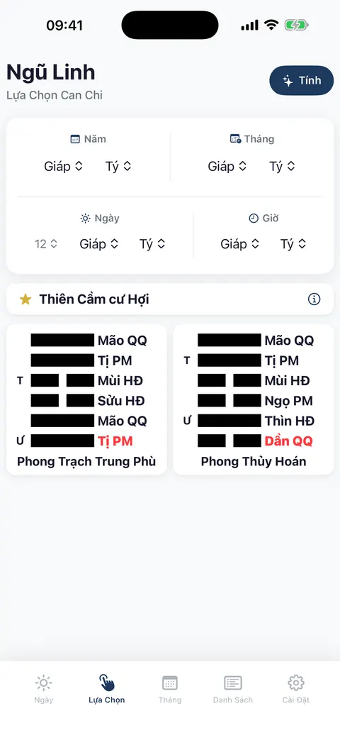 Màn hình Lựa Chọn Can Chi với các bộ chọn Năm, Tháng, Ngày, Giờ và kết quả quẻ Phong Trạch Trung Phù.