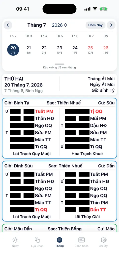 Màn hình Ngũ Linh Tháng với lịch tháng 7/2026 và danh sách quẻ theo giờ Bính Tý, Đinh Sửu, Mậu Dần.