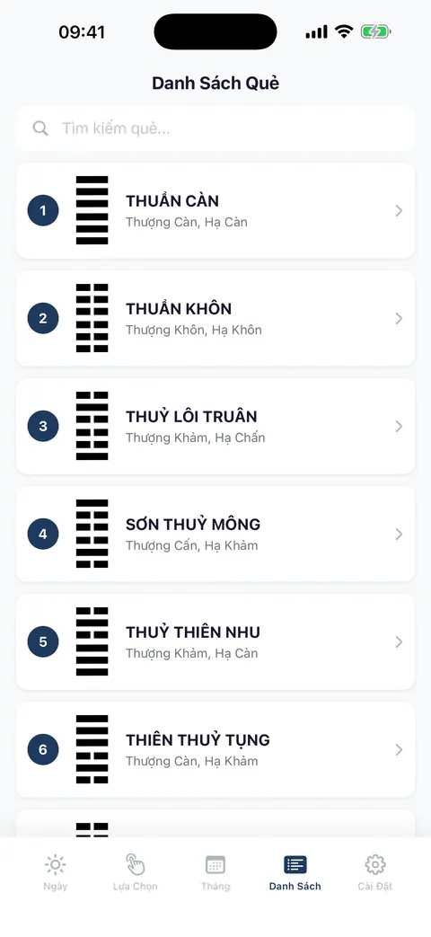 Danh sách quẻ Kinh Dịch với Thuần Càn, Thuần Khôn, Thuỷ Lôi Truân và thanh tìm kiếm.