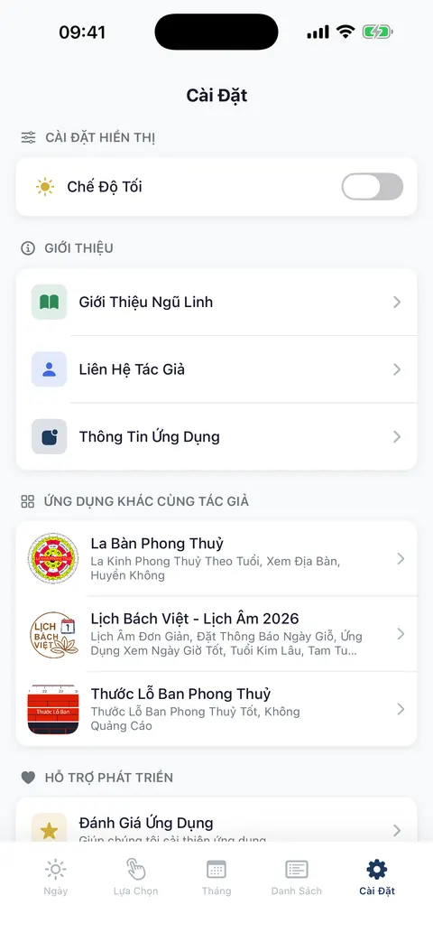 Màn hình Cài Đặt với công tắc Chế Độ Tối, mục Giới Thiệu Ngũ Linh và danh sách ứng dụng khác cùng tác giả.